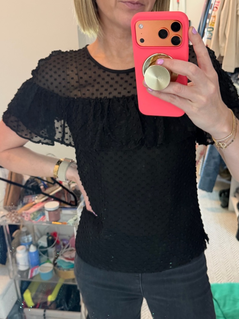 J. Crew Black Sheer Swiss Dot Ruffle Top